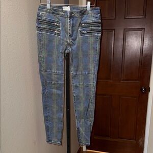 Free People Lennon Plaid Moto Skinny Blue Jeans Zipper Accents Women’s Size 28